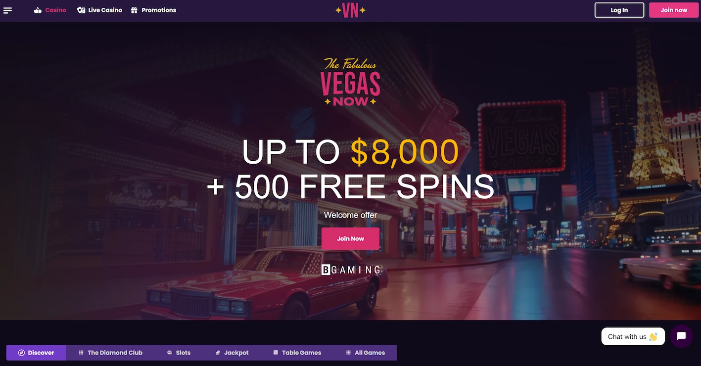 VegasNow online casino page showing welcome offer and site navigation