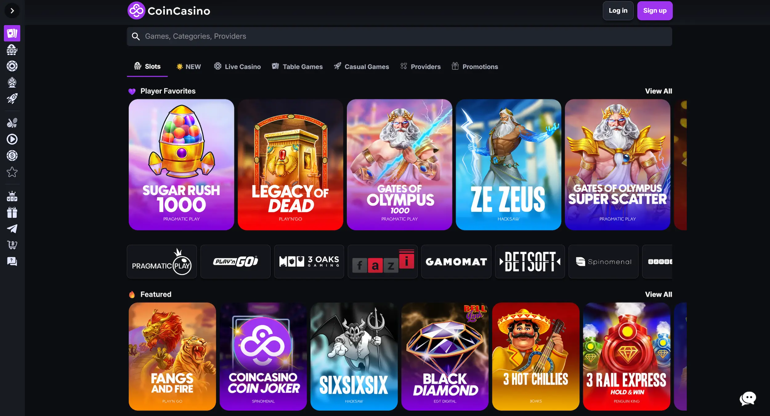 CoinCasino frontpage showing selection of online pokies, casino game providers and site navigation