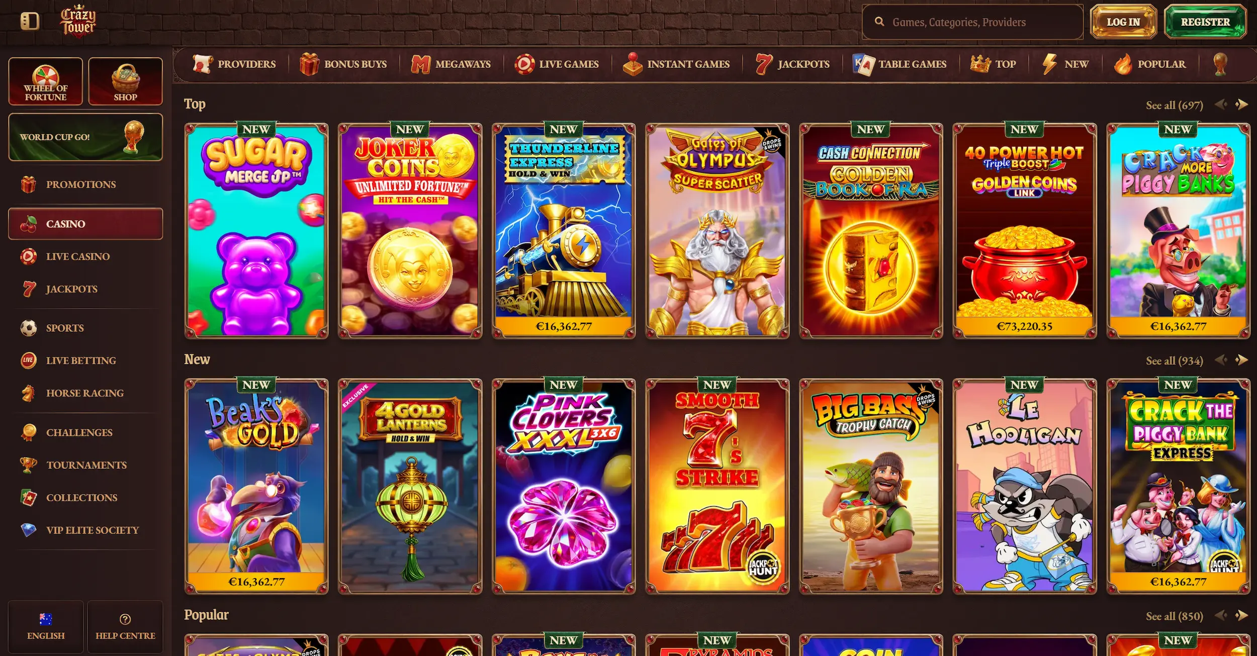 Crazy Tower online casino frontpage showing selection of top online pokies and site navigation