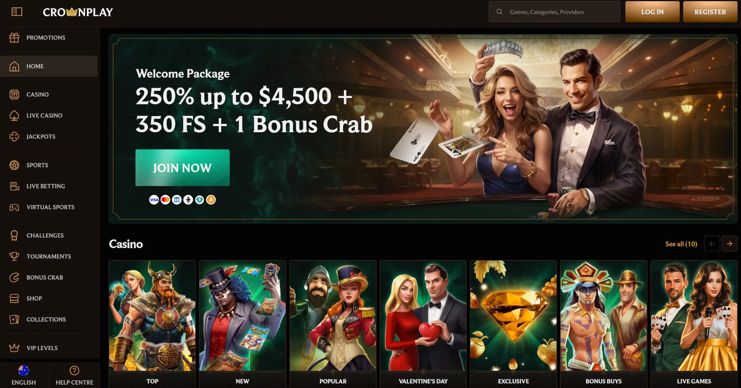 CrownPlay online casino frontpage showing welcome bonus offer, selection of casino games and site navigation