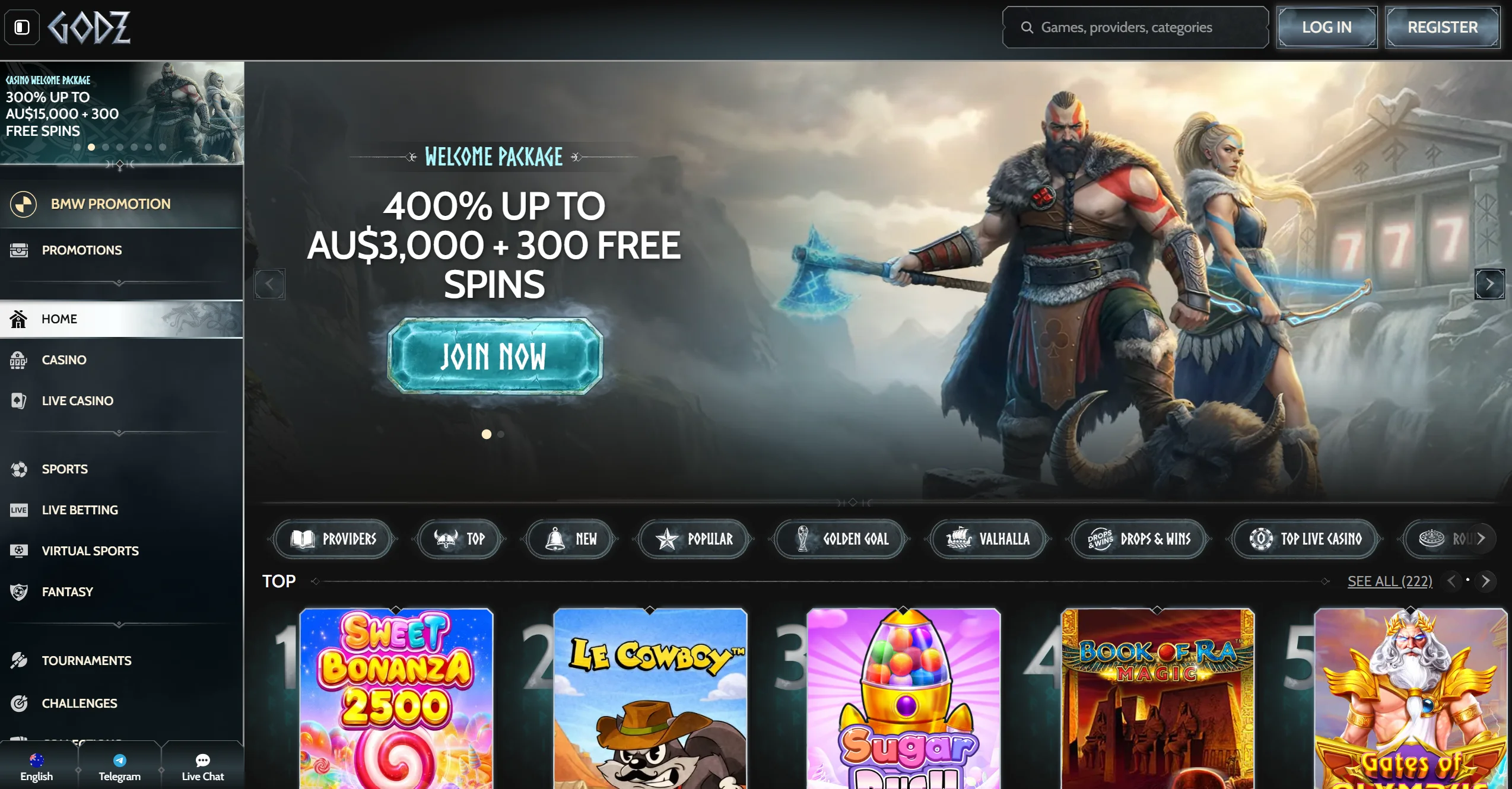 Godz online casino frontpage showing welcome bonus offer, top online pokies and site navigation