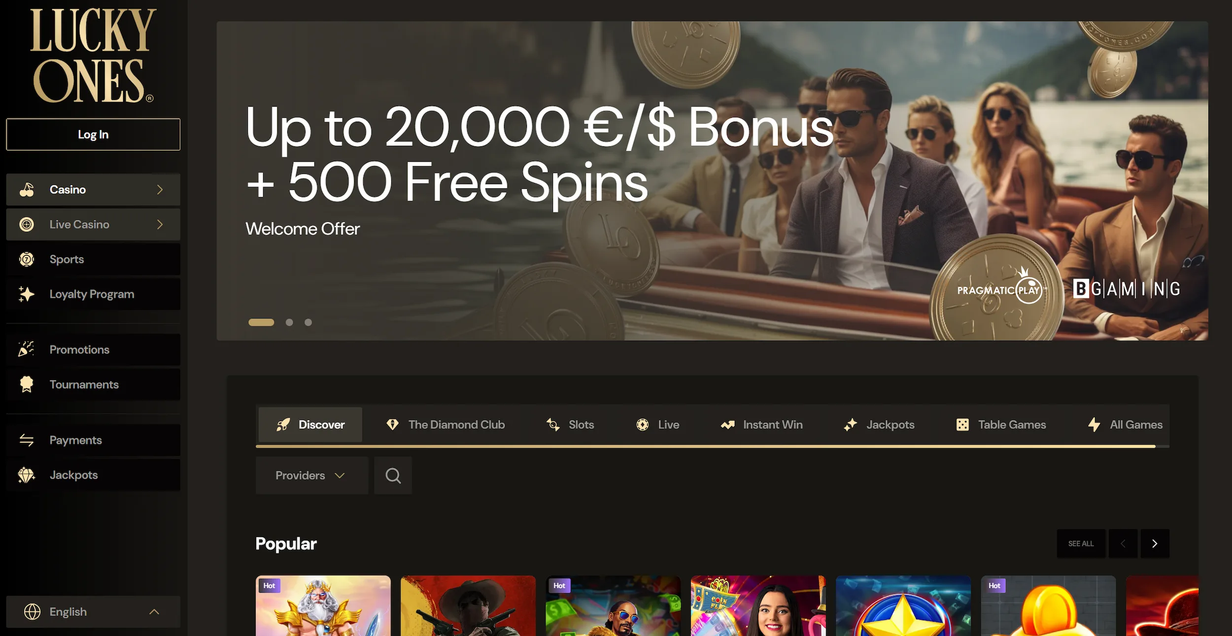 LuckyOnes online casino page showing welcome bonus offer, selection of online pokies and site navigation